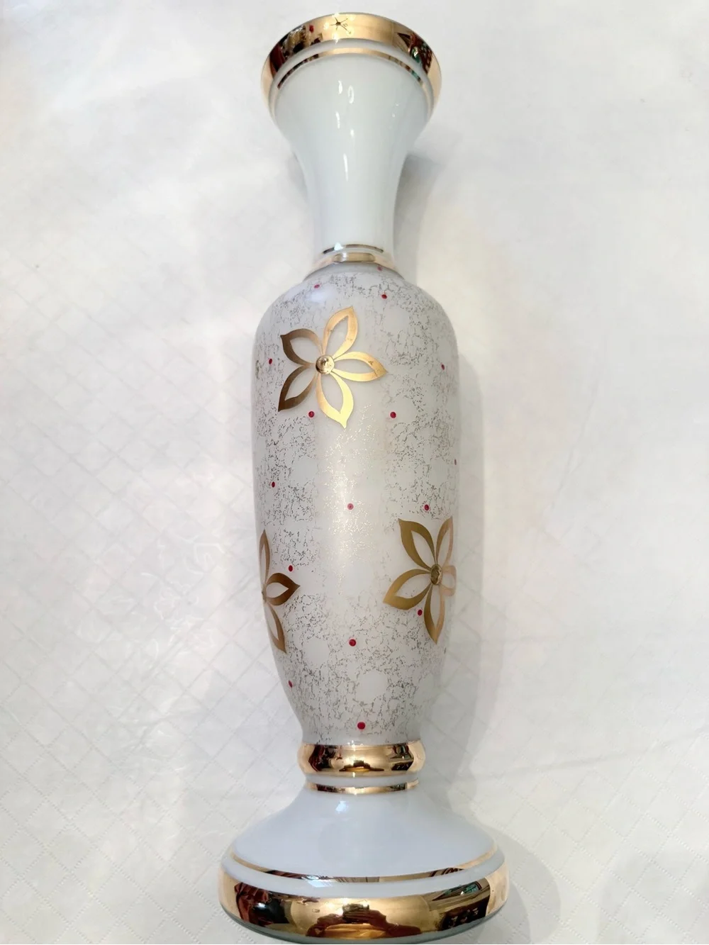 White opaline/milk glass gilded (gold) flower speckled gold stippling red dots